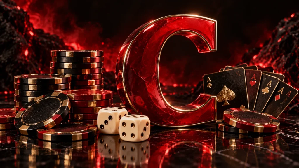 Kırmızı C harfi, oyun kartları ve fişlerle hazırlanmış Casimo temalı illüstrasyon