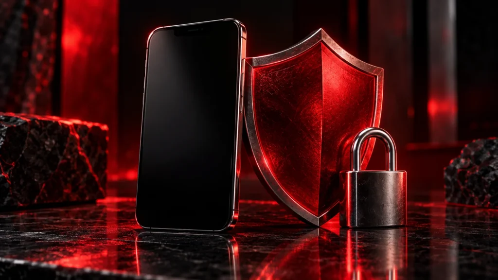 Hesap güvenliğini simgeleyen telefon, kırmızı kalkan ve kilit illüstrasyonu